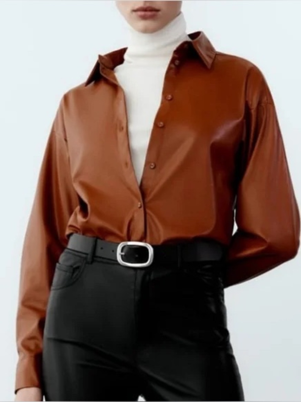 ZARA FAUX LEATHER Button Down SHIRT JACKET OVERSHIRT Brown Tan Large - Picture 2 of 6